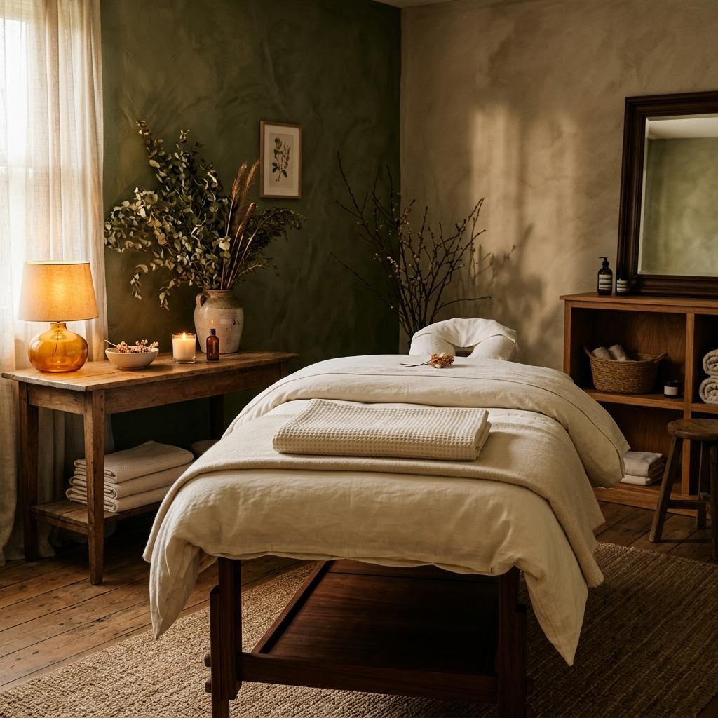 A quiet treatment room with warm light and fresh linens